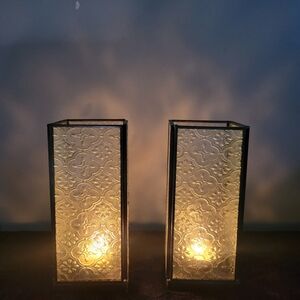 Elegant Glass Tea Light Lanterns with Brushed Bronze Metallic Trim